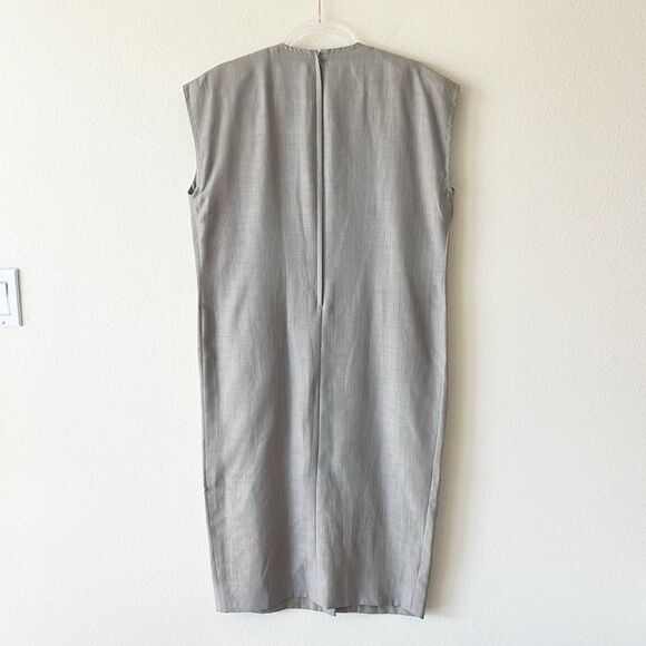 Guy Laroche Minimalist Linen Blend Sleeveless Gray Midi Dress with Button Detail - Picture 6 of 10